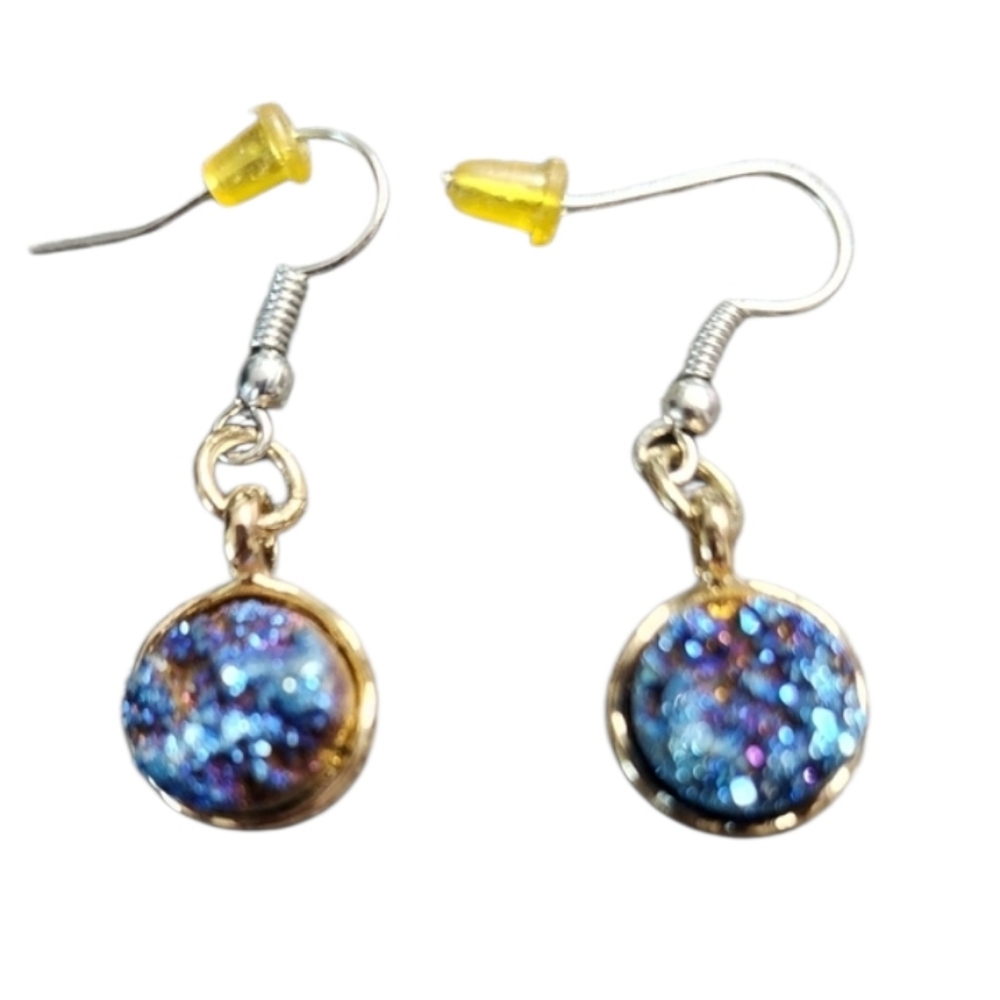 Blue Druzy and Goldtone Dangle Earrings